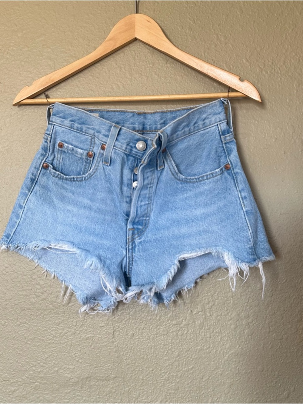 Levi's Light Blue High-Waist Frayed Denim Cutoff Shorts